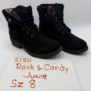 Rock & Candy Junie Black Lace Up Ankle Boots Fold Down Plaid Trim Women's Size 8